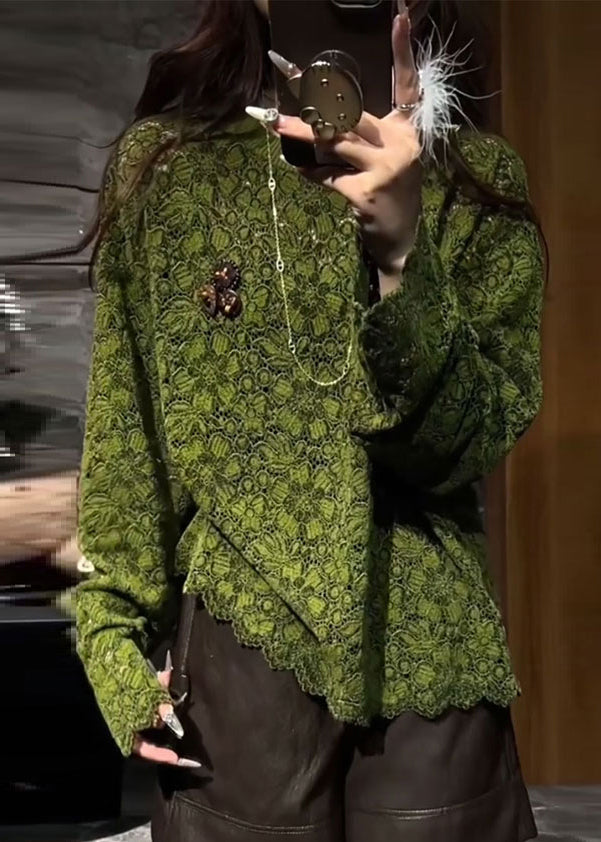 Elegant Green O Neck Hollow Out Lace T Shirts Fall
