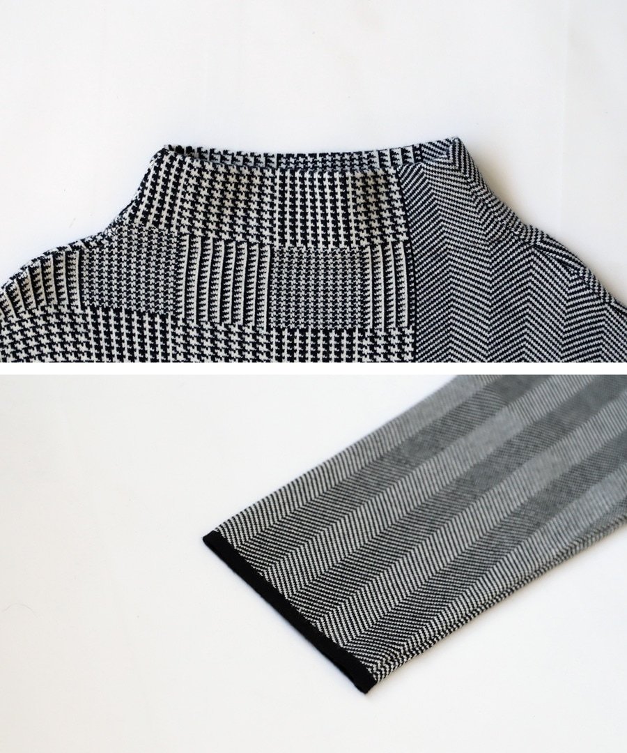 Italian Grey Plaid Hign Neck Patchwork Long Knit Dress Fall