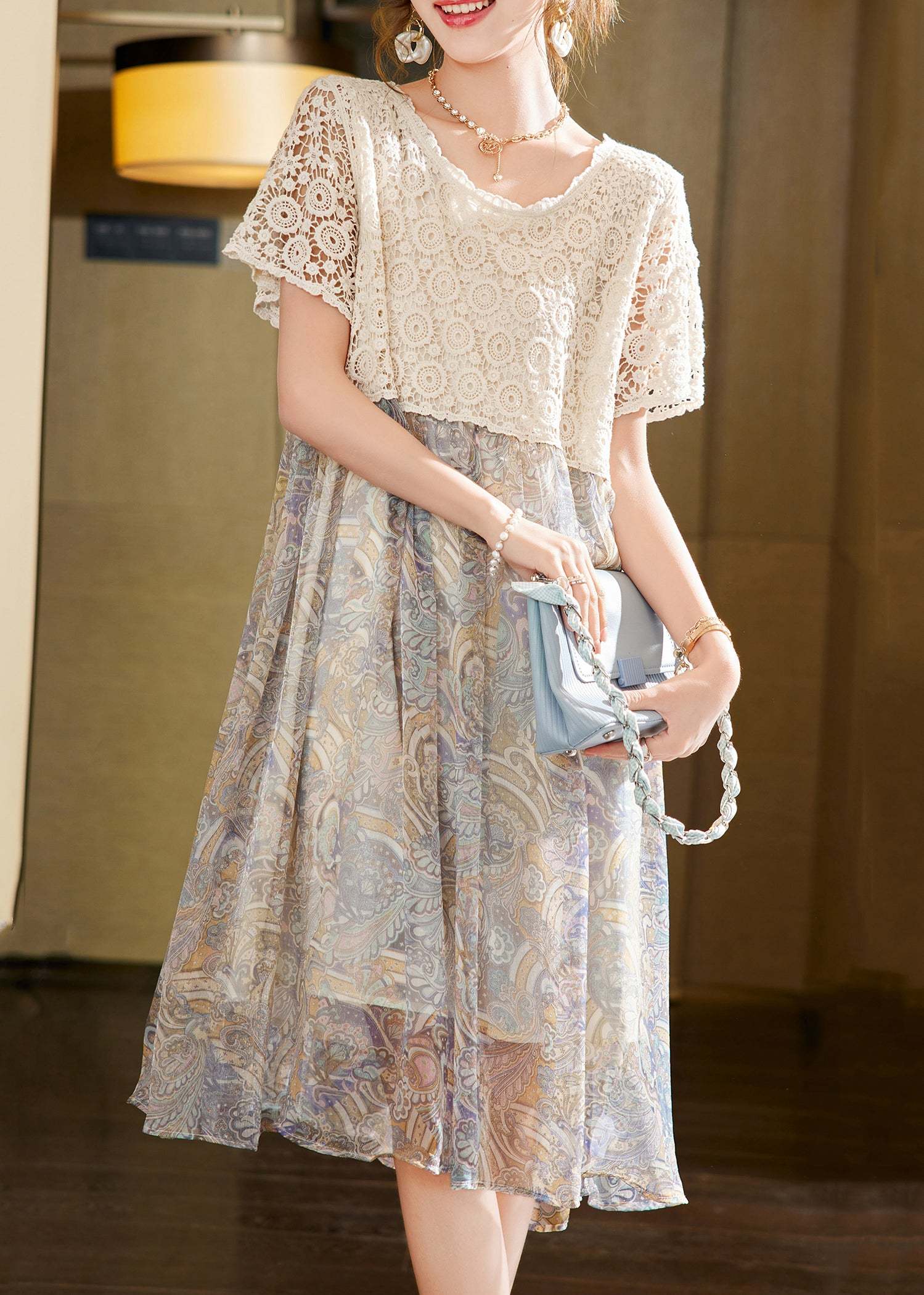 Classy Beige Hollow Out Lace Chiffon Patchwork Dress Summer