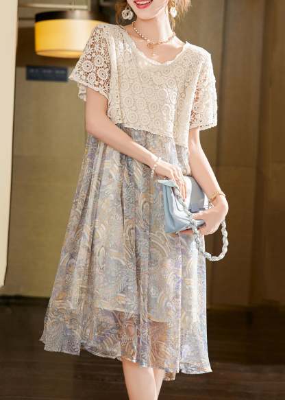 Classy Beige Hollow Out Lace Chiffon Patchwork Dress Summer