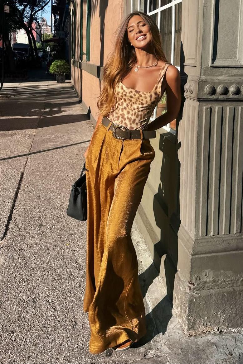 Leopard Pattern Bodysuit & Satin Wide Leg Pants