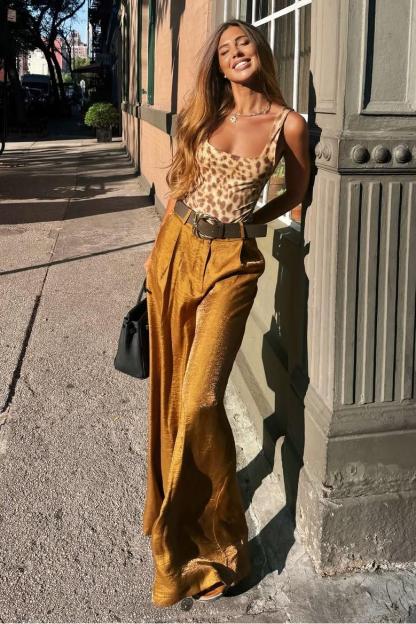 Leopard Pattern Bodysuit & Satin Wide Leg Pants