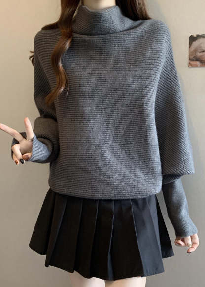 Grey Cozy Thick Knit Pullover Turtleneck Batwing Sleeve