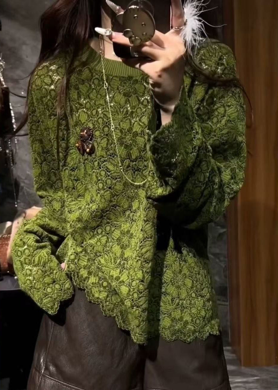 Elegant Green O Neck Hollow Out Lace T Shirts Fall