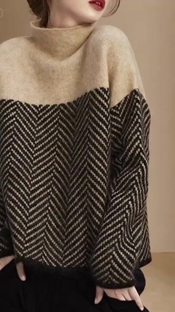 Fashion Khaki Turtle Neck Patchwork Knit Pullover Winter