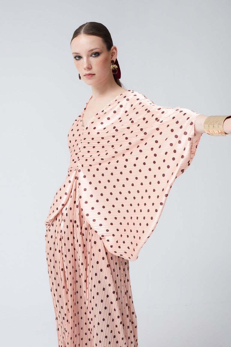 Betty Rosa Pink Polka Dot V-Neck Drape Midi Dress