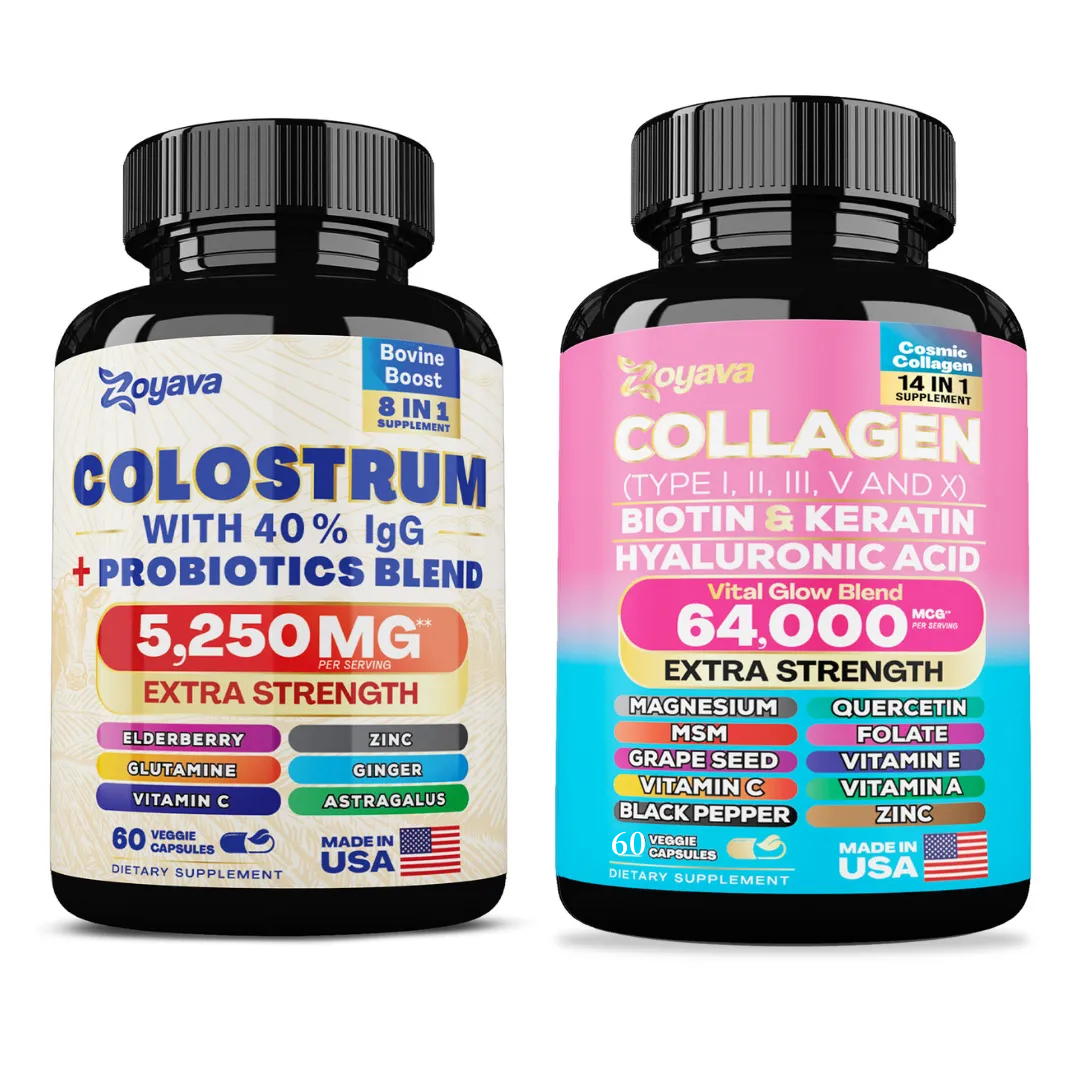 Zoyava™ Radiant Vitality Duo: Highly Potent Bovine Colostrum Capsules 5250MG & Cosmic Collagen Beauty Complex 64,000MCG