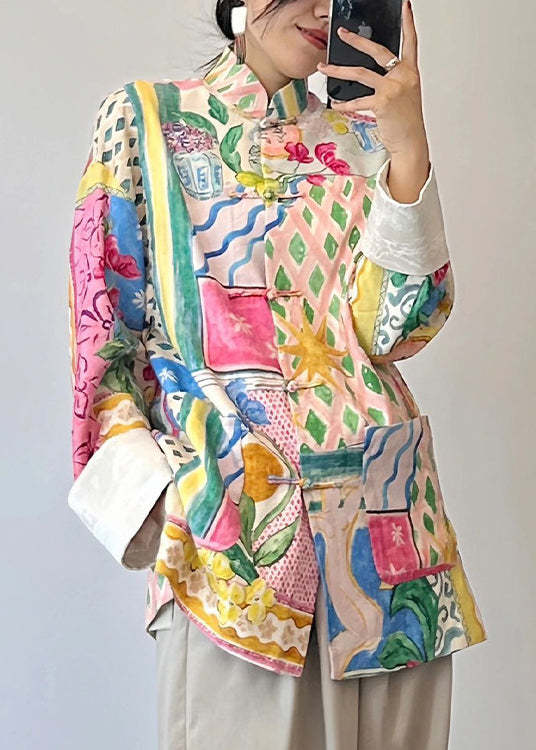 Unique Colorblock Print Pockets Patchwork Cotton Tops Fall