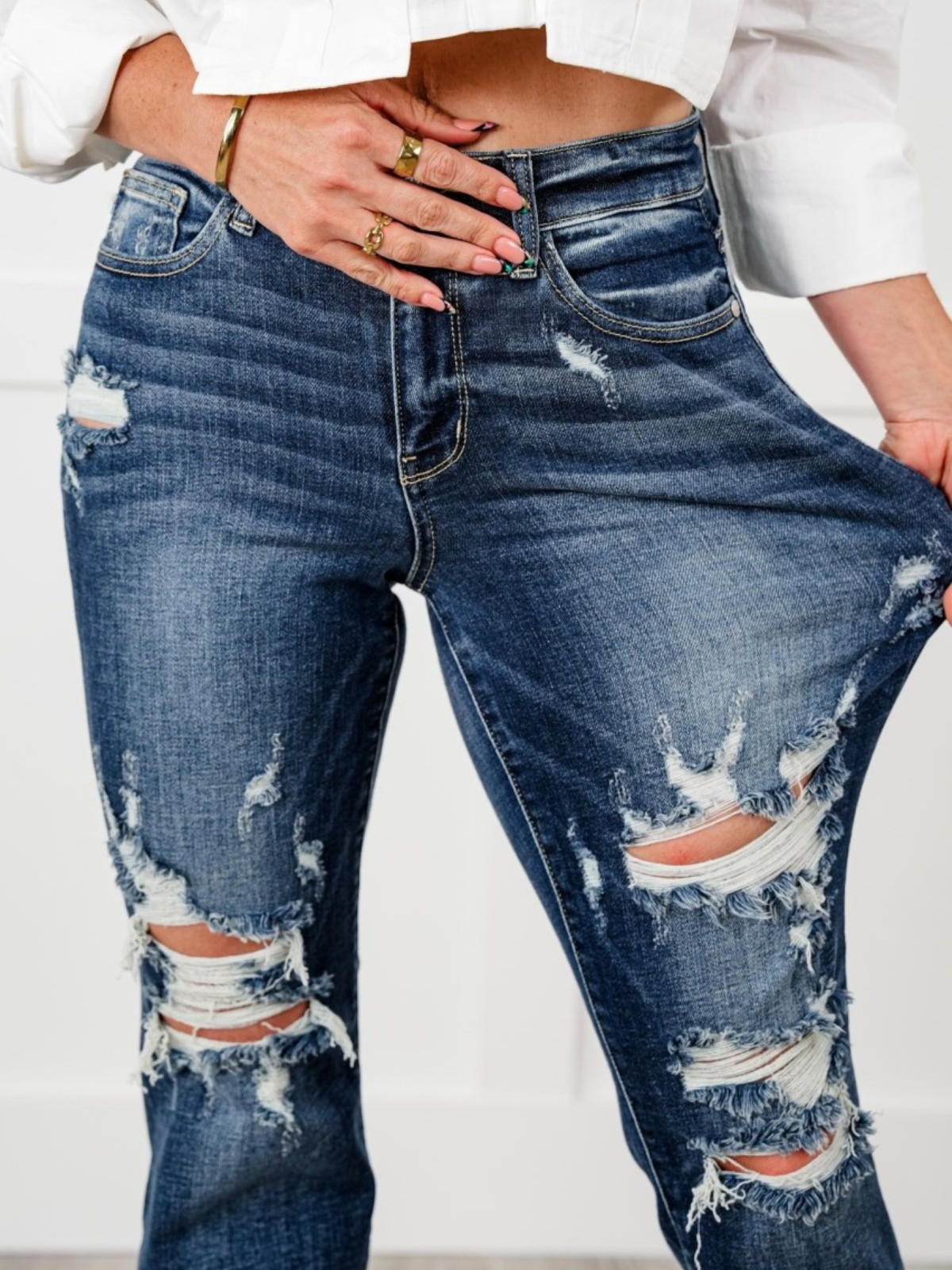 Judy Tummy Control Distressed Cuffed Boyfriend Jeans (Buy 2 Free Shipping)