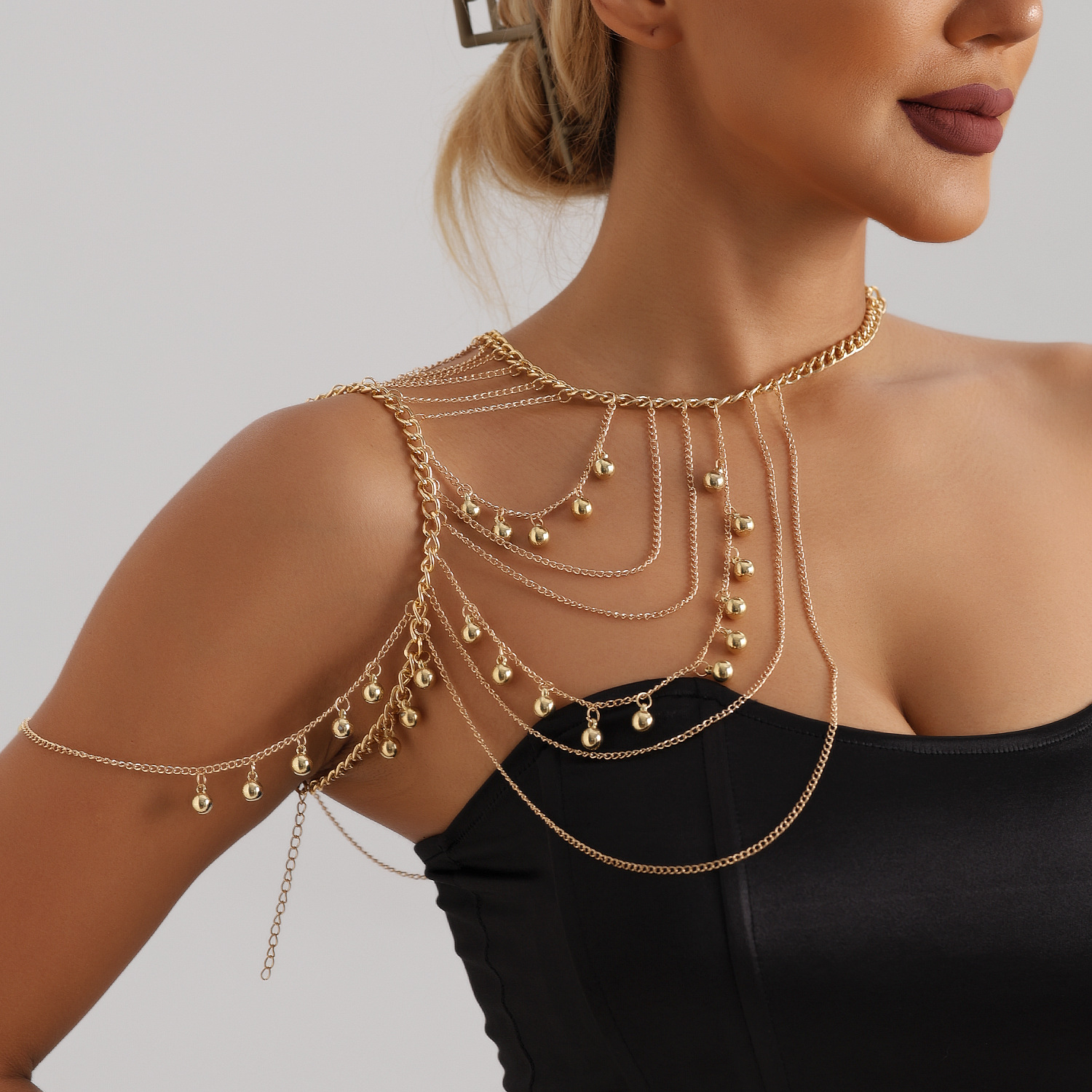 Multi-layered tassel metal ball shoulder chain and chest chain accessory
