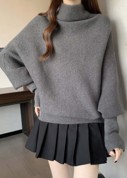 Grey Cozy Thick Knit Pullover Turtleneck Batwing Sleeve