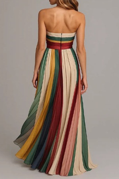 Slim Fit Striped Cold Shoulder Wrinkled Long Dress Sleeveless/designer chic