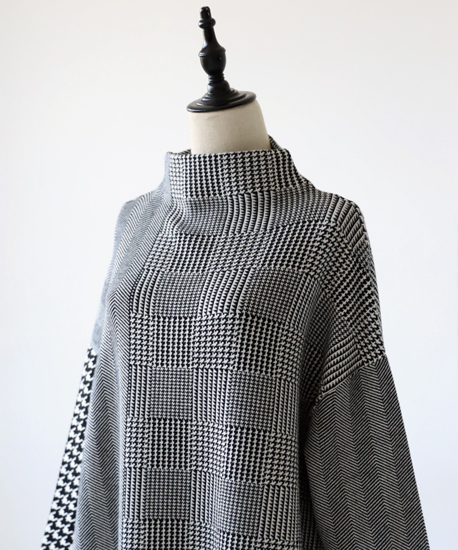 Italian Grey Plaid Hign Neck Patchwork Long Knit Dress Fall
