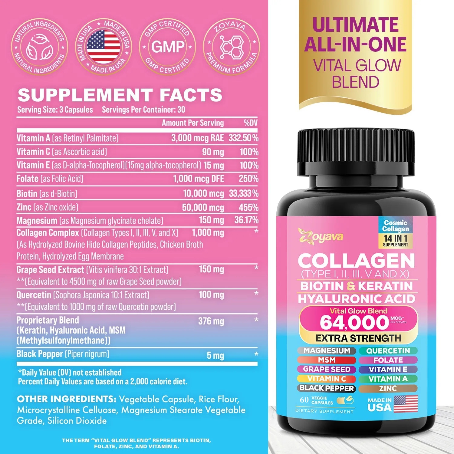 Zoyava™ Cosmic Collagen Beauty Complex 64,000MCG & SightShield Lutein and Zeaxanthin Supplements 8000 MG
