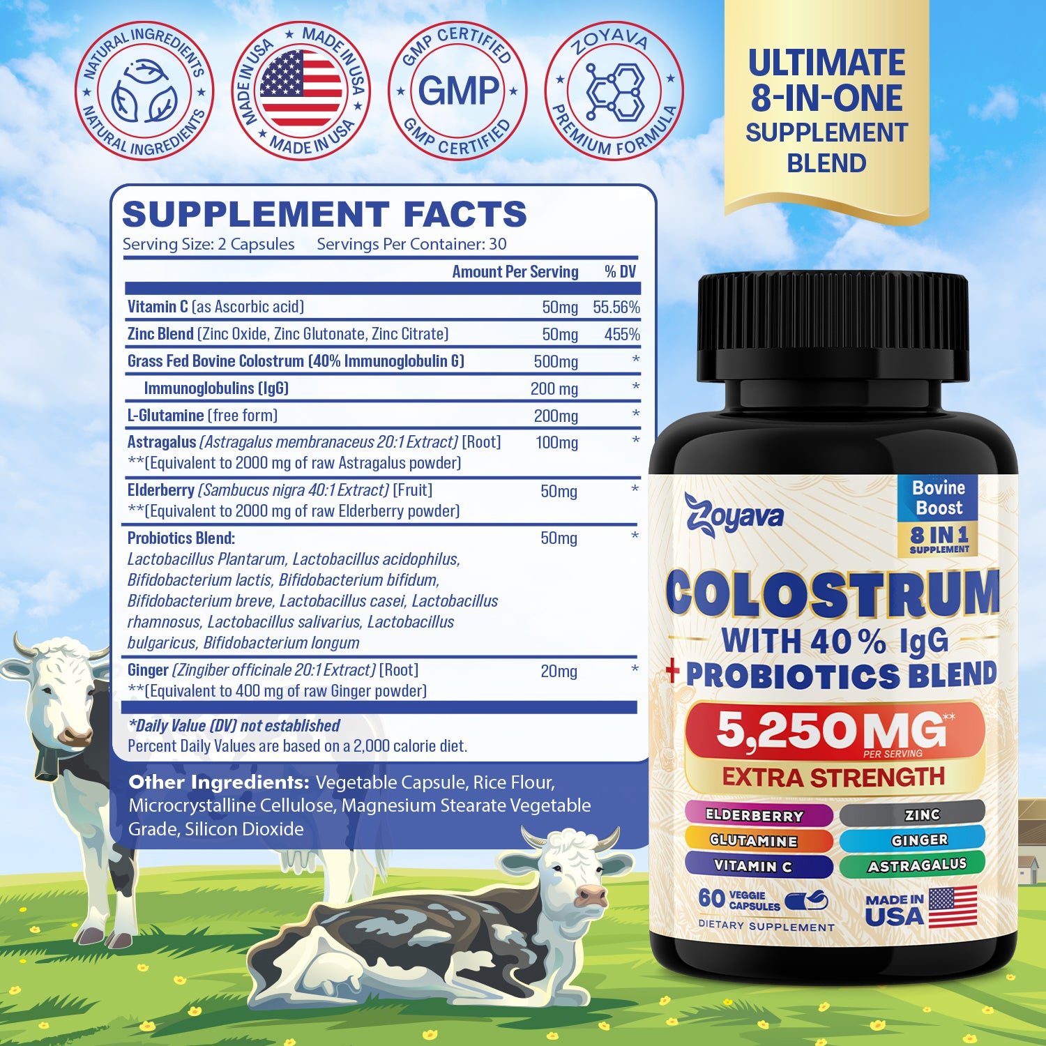 Radiant Vitality Duo: Highly Potent Bovine Colostrum Capsules (5250MG) & Cosmic Collagen Beauty Complex (64,000MCG)