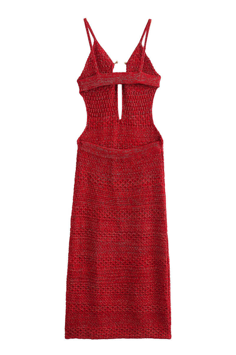 Deep V-neck halter-back knitted suspender dress