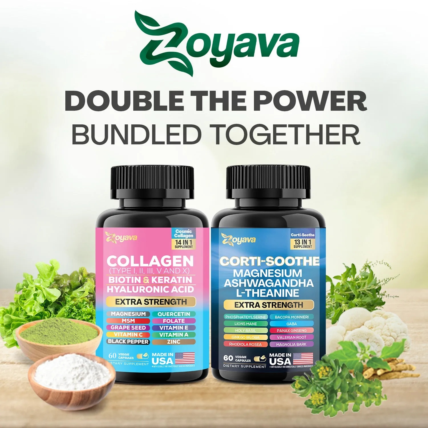 Zoyava™ Shining Serenity Set - Corti-Soothe & Cosmic Collagen Bundle: Wellness & Beauty Supplements