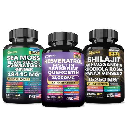 Zoyava™ Elevate Your Vitality Trio: Resveratrol 21,000MG, Sea Moss 16-in-1 Magic Moss Super Blend 19,445MG, and Shilajit Power ShilaStrength Blend 15,250MG