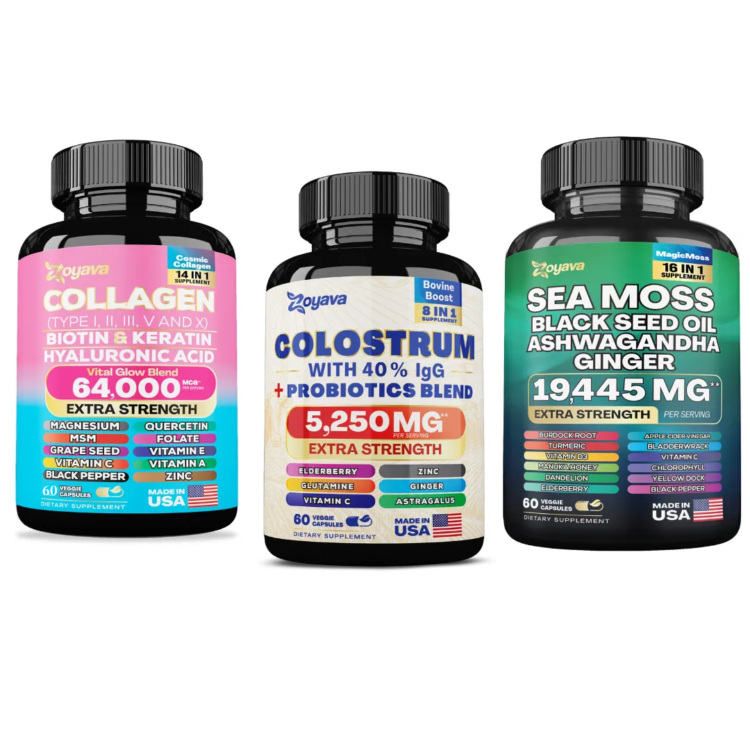 Zoyava™ Radiant Beauty Trio- Bovine Colostrum Supplement 5250 MG, Sea Moss 16-in-1 Magic Moss Super Blend - 19,445MG, and Cosmic Collagen Beauty Complex - 64,000MCG