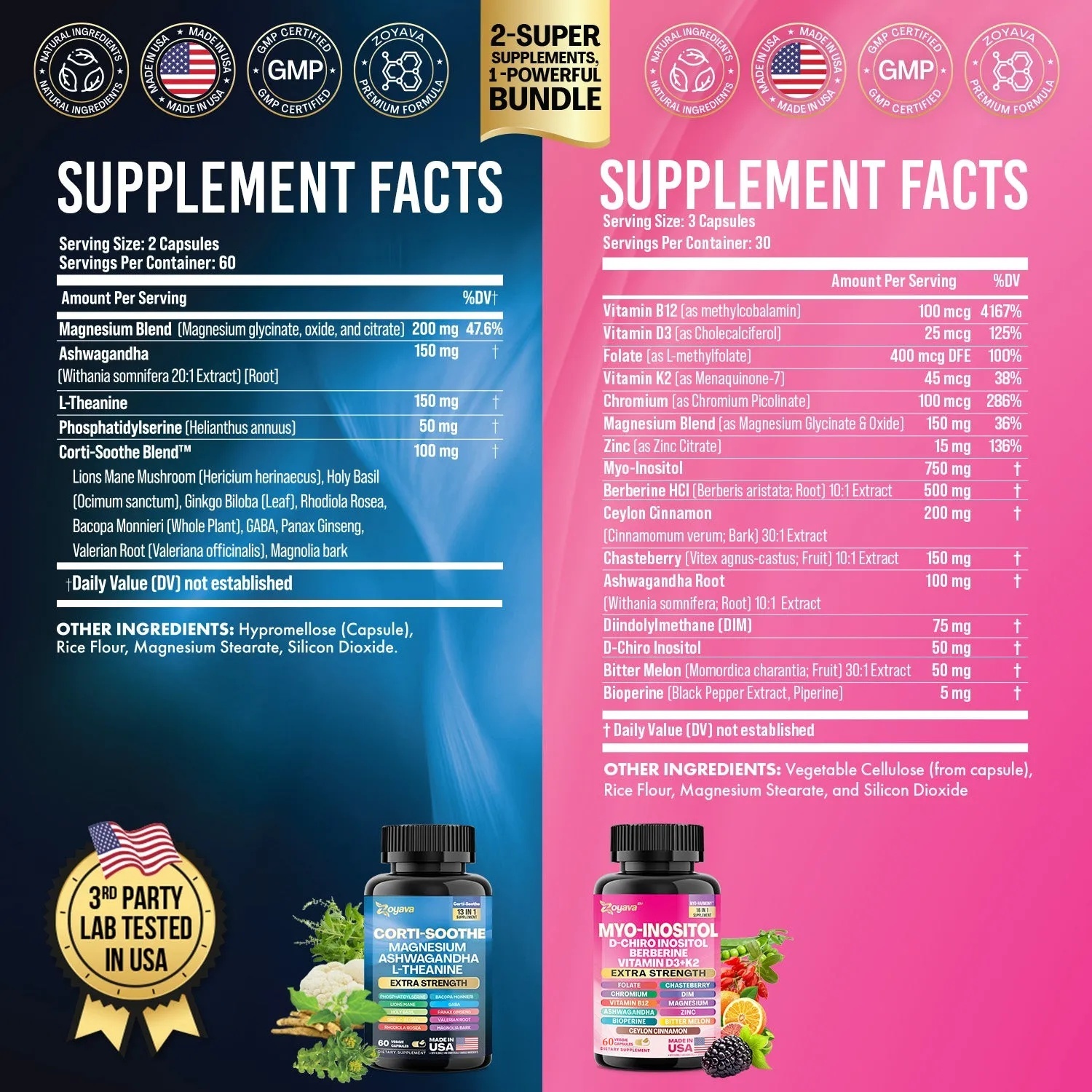 Zoyava™ Soothe and Smooth Bundle: Cortisol 60 and Myo-Inositol 60 Capsules Supplement Bundle