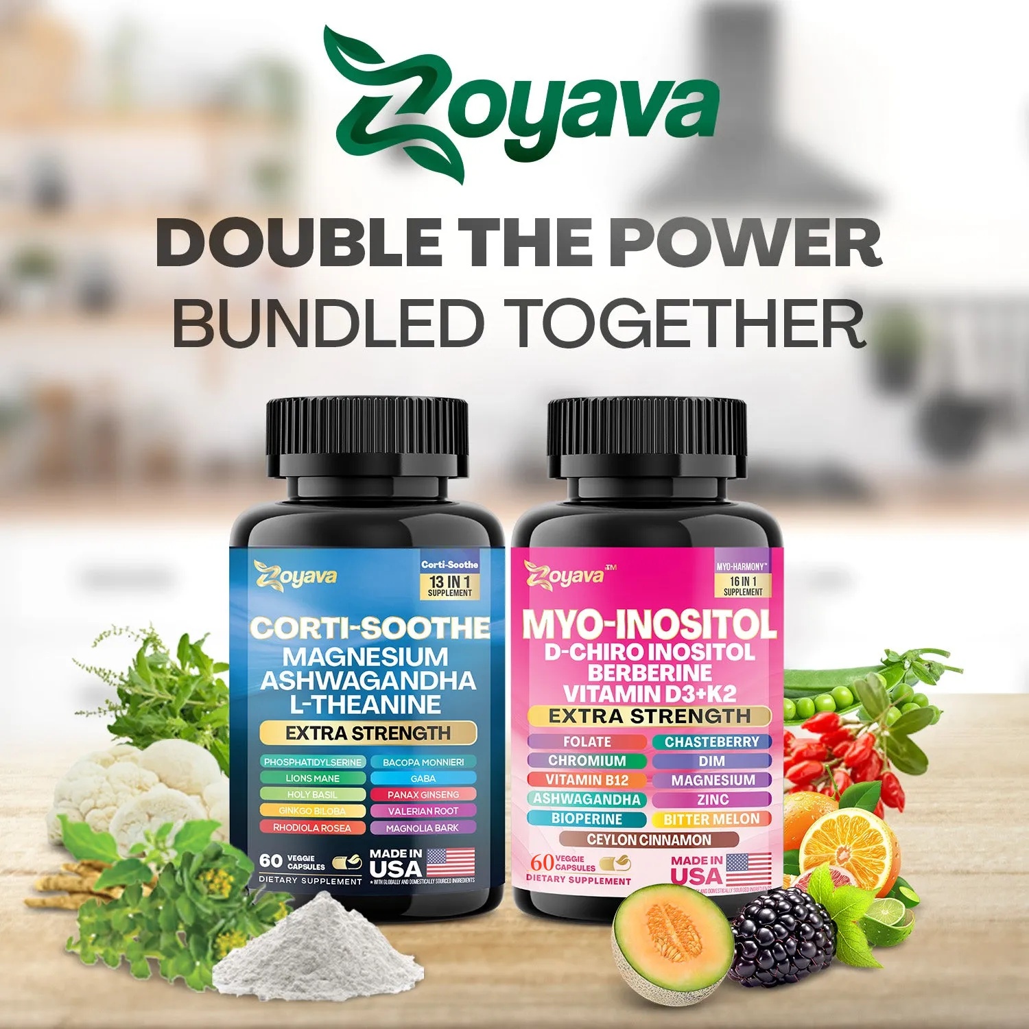 Zoyava™ Soothe and Smooth Bundle: Cortisol 60 and Myo-Inositol 60 Capsules Supplement Bundle