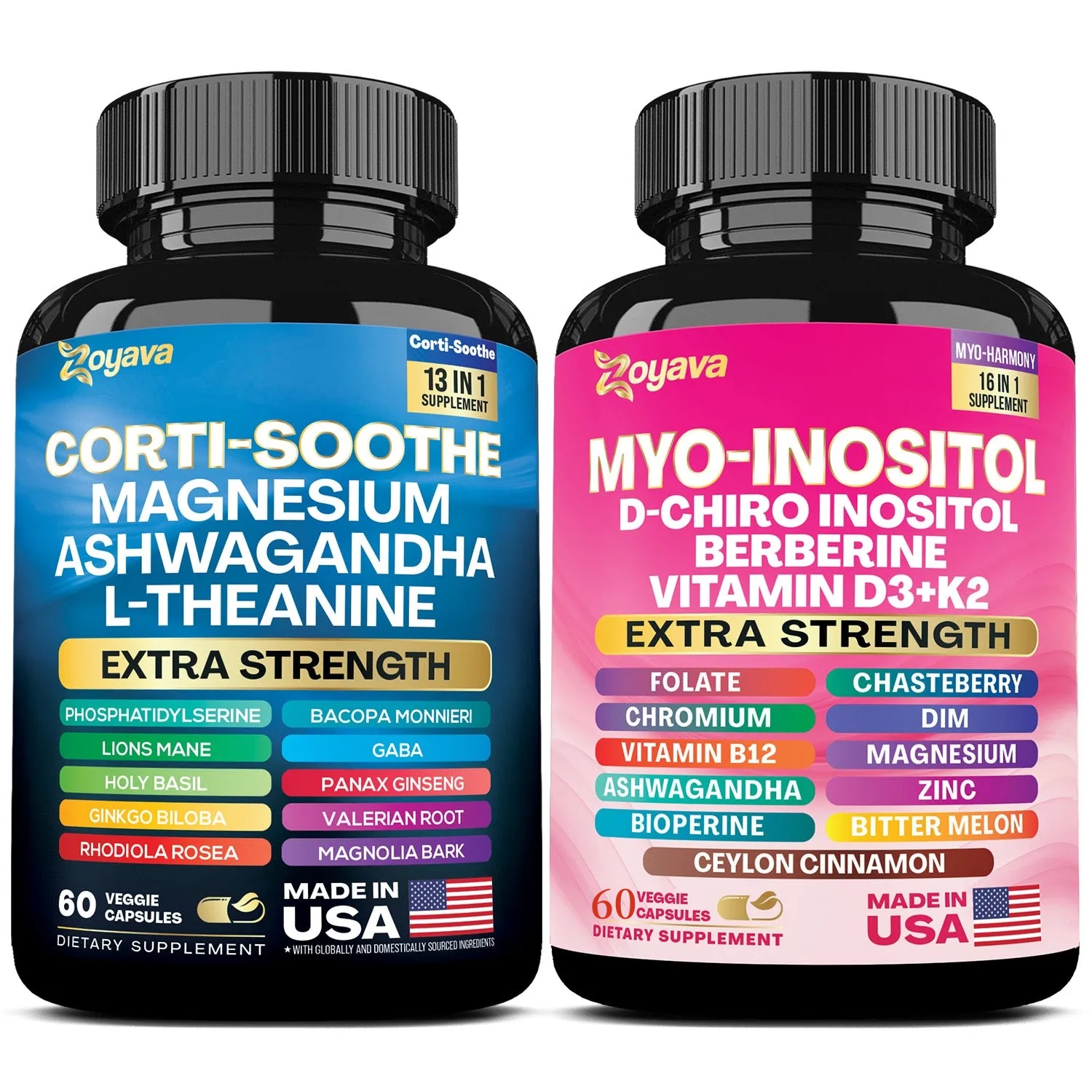 Zoyava™ Soothe and Smooth Bundle: Cortisol 60 and Myo-Inositol 60 Capsules Supplement Bundle