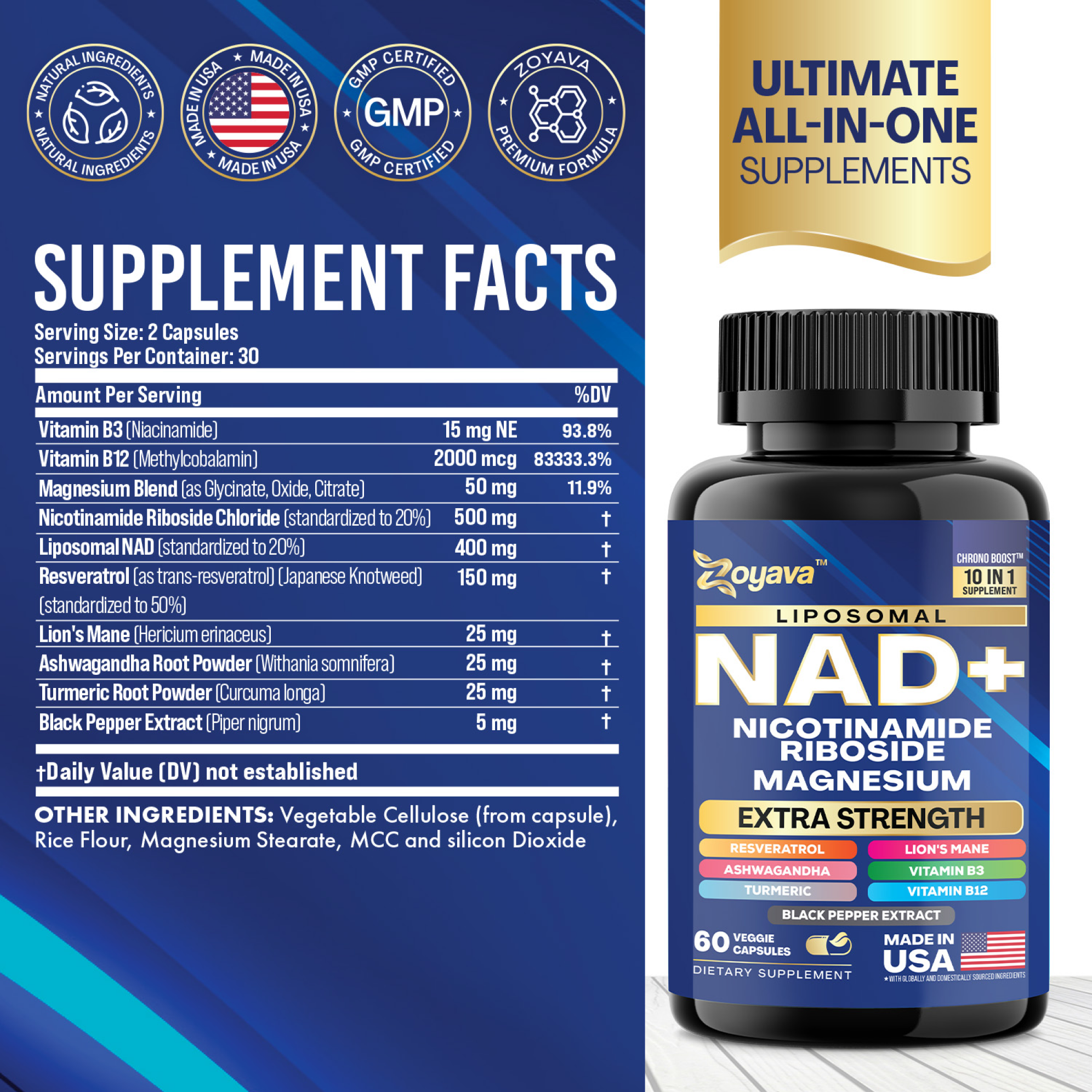 Zoyava™ 10-in-1 NAD+ Anti-Aging & Wellness Capsules – Skin, Immunity, Longevity & More