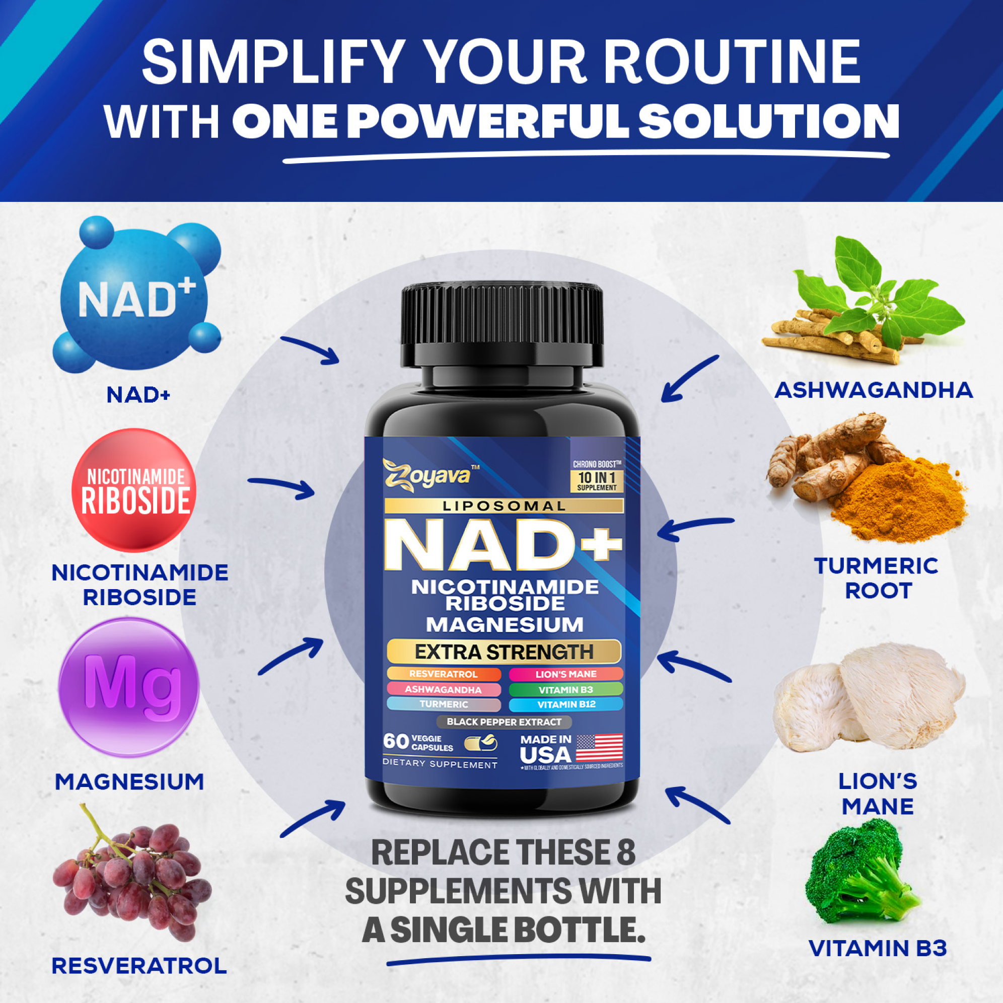 Zoyava™ 10-in-1 NAD+ Anti-Aging & Wellness Capsules – Skin, Immunity, Longevity & More