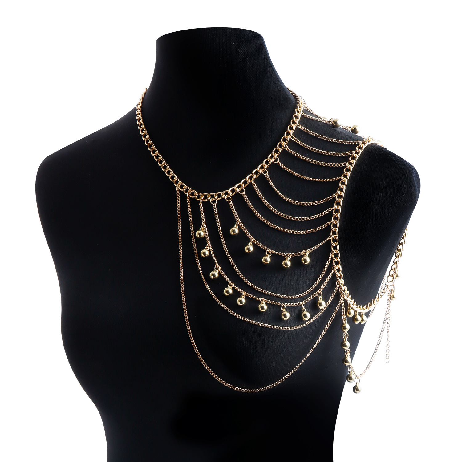 Multi-layered tassel metal ball shoulder chain and chest chain accessory
