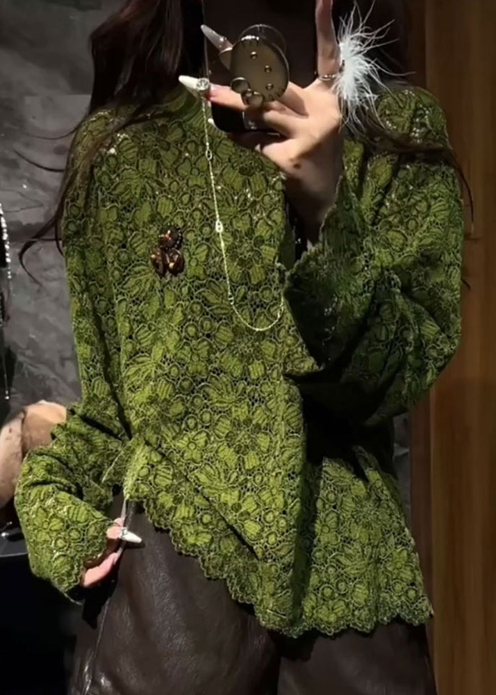 Elegant Green O Neck Hollow Out Lace T Shirts Fall