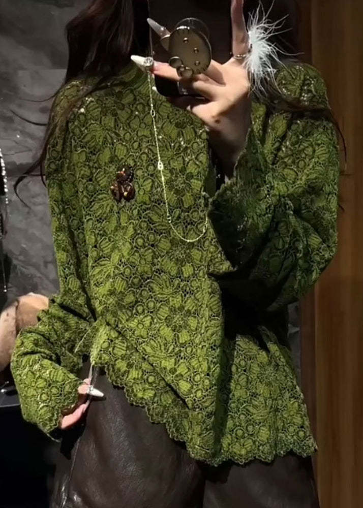 Elegant Green O Neck Hollow Out Lace T Shirts Fall