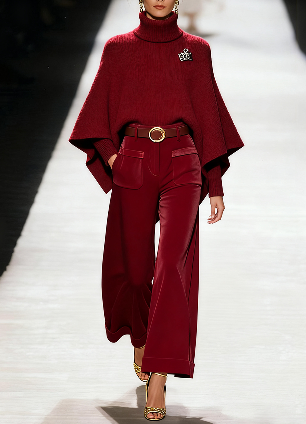 Stylish Red Hign Neck Knit Sweaters And Velvet Pants Two Piece Set Spring