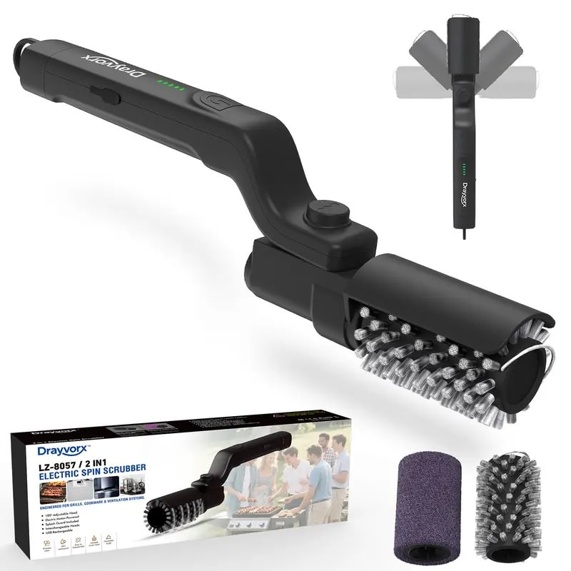 Electric BBQ Grill Brush Cordless and Rechargeable,Two Replacement Cleaning Brushes,Adjustable Angle, Barbecue Accessories,Barbecue Utensils,Wire Brushes for Cleaning Rust, Grill, Dirt, Paint Removal