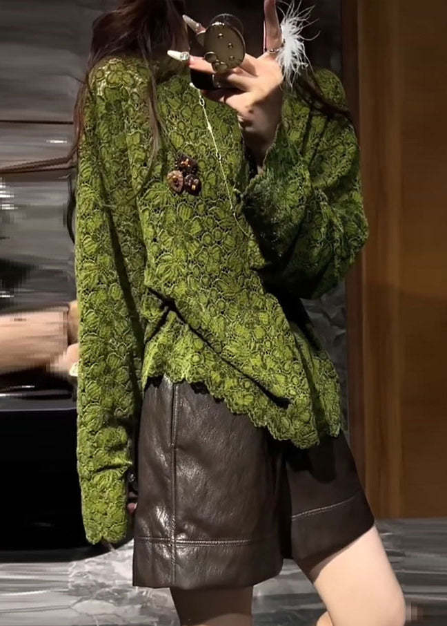 Elegant Green O Neck Hollow Out Lace T Shirts Fall