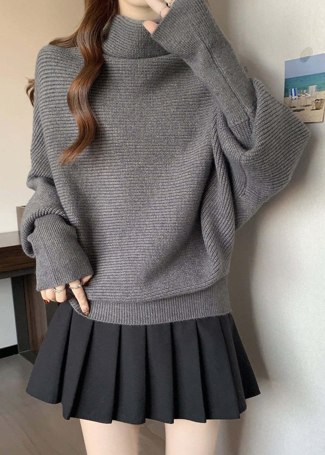 Grey Cozy Thick Knit Pullover Turtleneck Batwing Sleeve