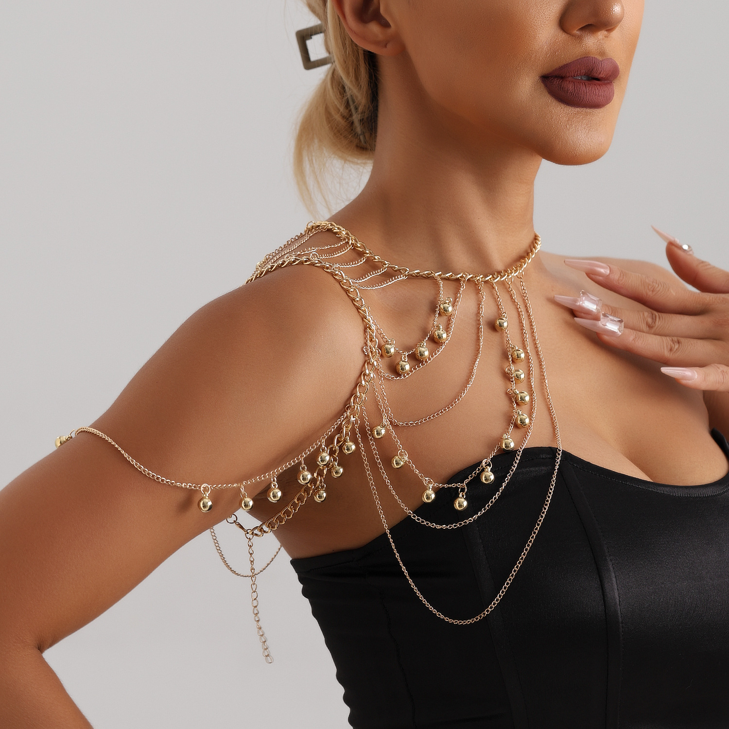 Multi-layered tassel metal ball shoulder chain and chest chain accessory