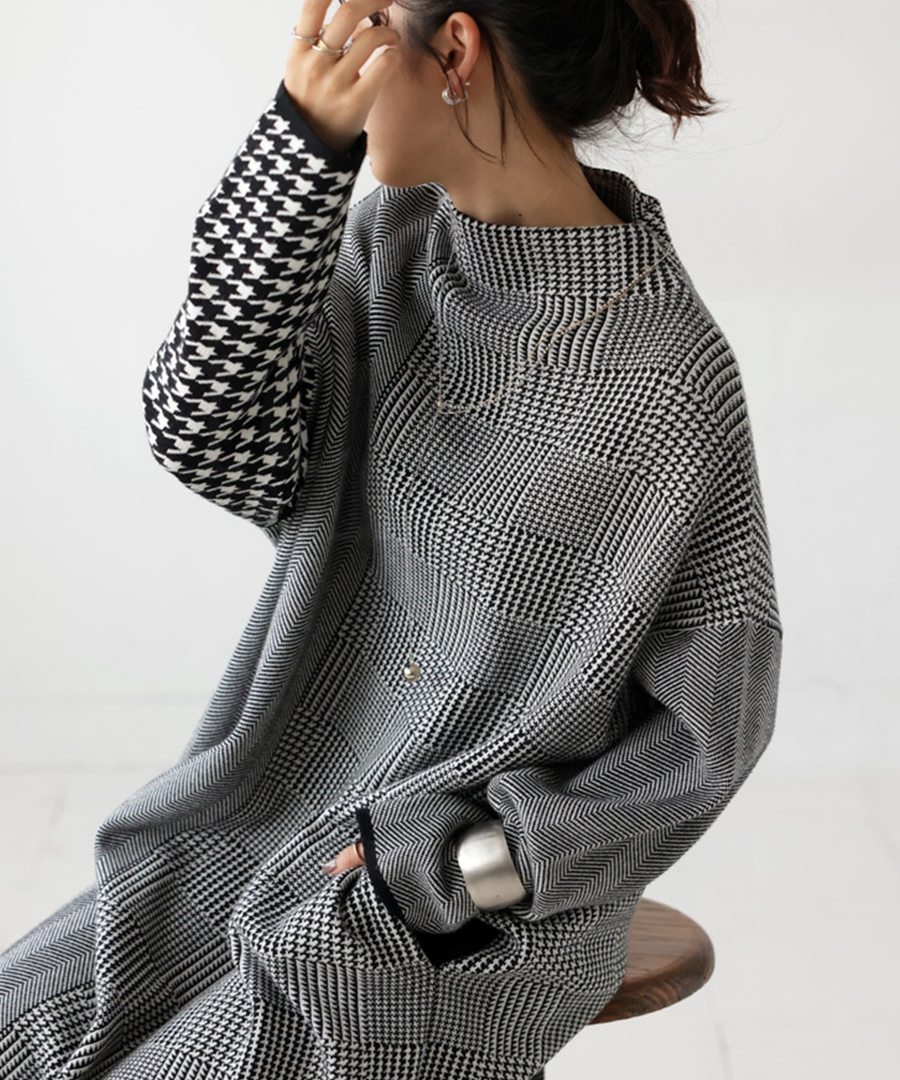 Italian Grey Plaid Hign Neck Patchwork Long Knit Dress Fall