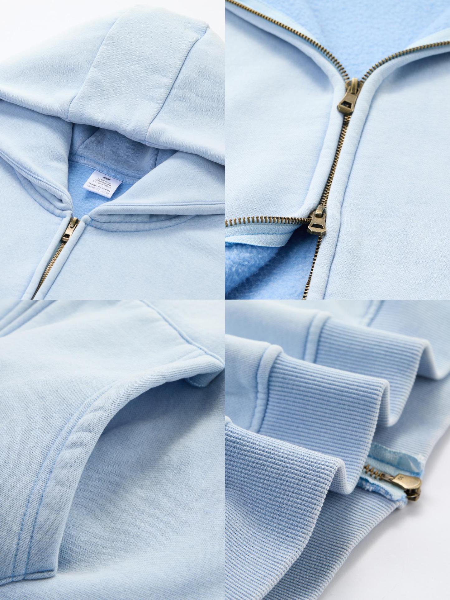 Couples Double Zip Up Oversized Acid Wash Hoodie