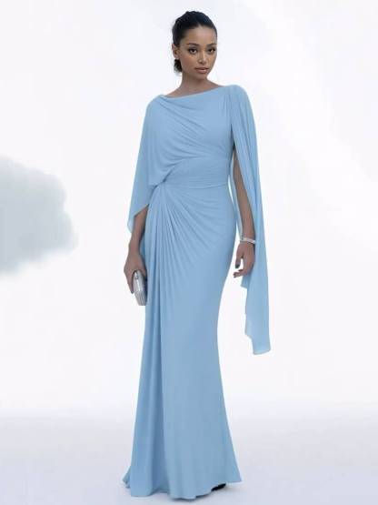 Boat Neck Pleated Slim Fit Maxi Dress