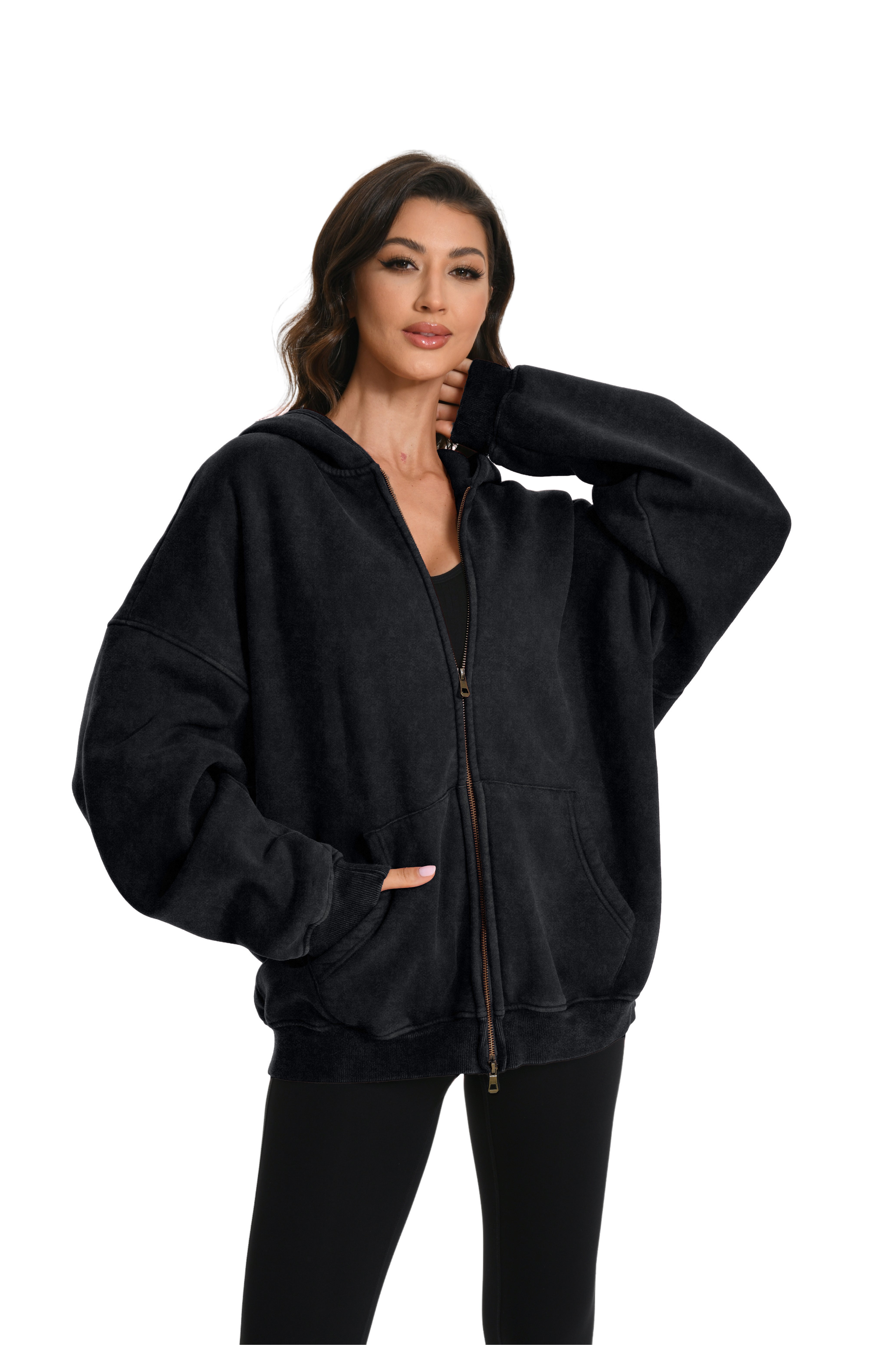 Couples Double Zip Up Oversized Acid Wash Hoodie