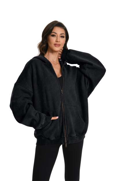 Couples Double Zip Up Oversized Acid Wash Hoodie