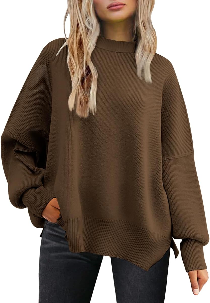 Women's Oversized Batwing Sweaters  Trendy Crewneck Knit Side Slit Fashion Pullover Tops
