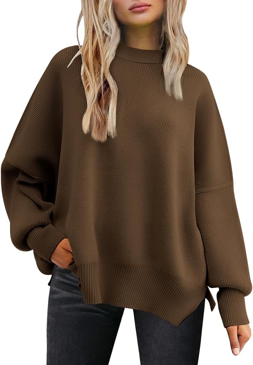 Women's Oversized Batwing Sweaters  Trendy Crewneck Knit Side Slit Fashion Pullover Tops