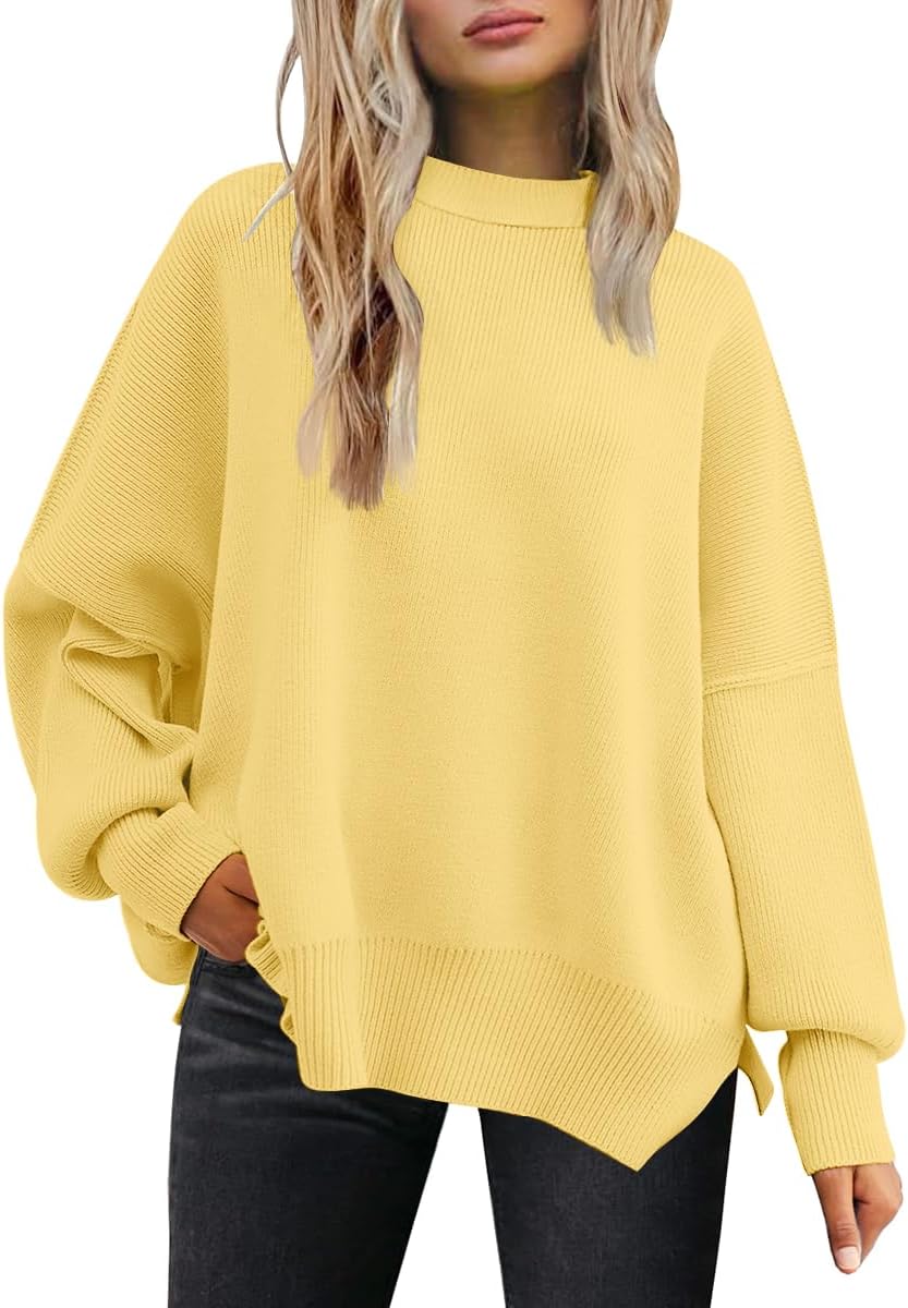 Women's Oversized Batwing Sweaters  Trendy Crewneck Knit Side Slit Fashion Pullover Tops