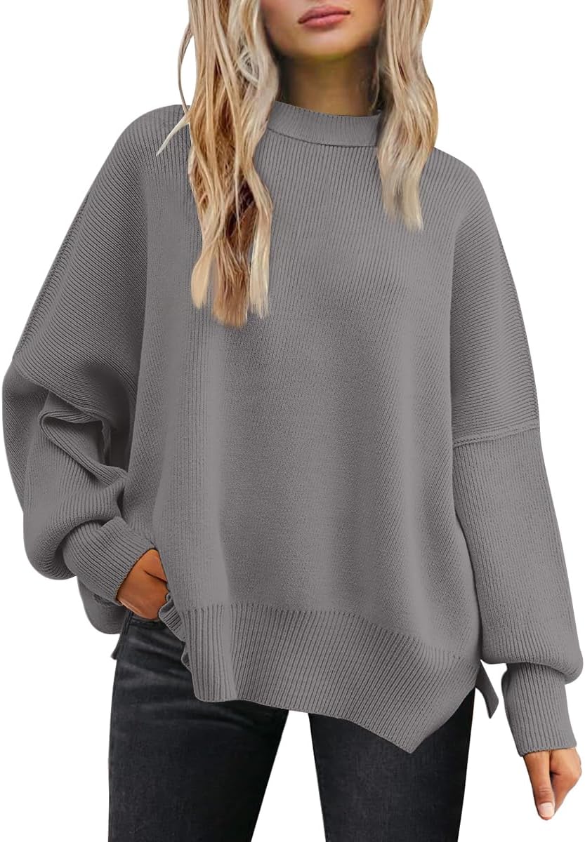 Women's Oversized Batwing Sweaters  Trendy Crewneck Knit Side Slit Fashion Pullover Tops