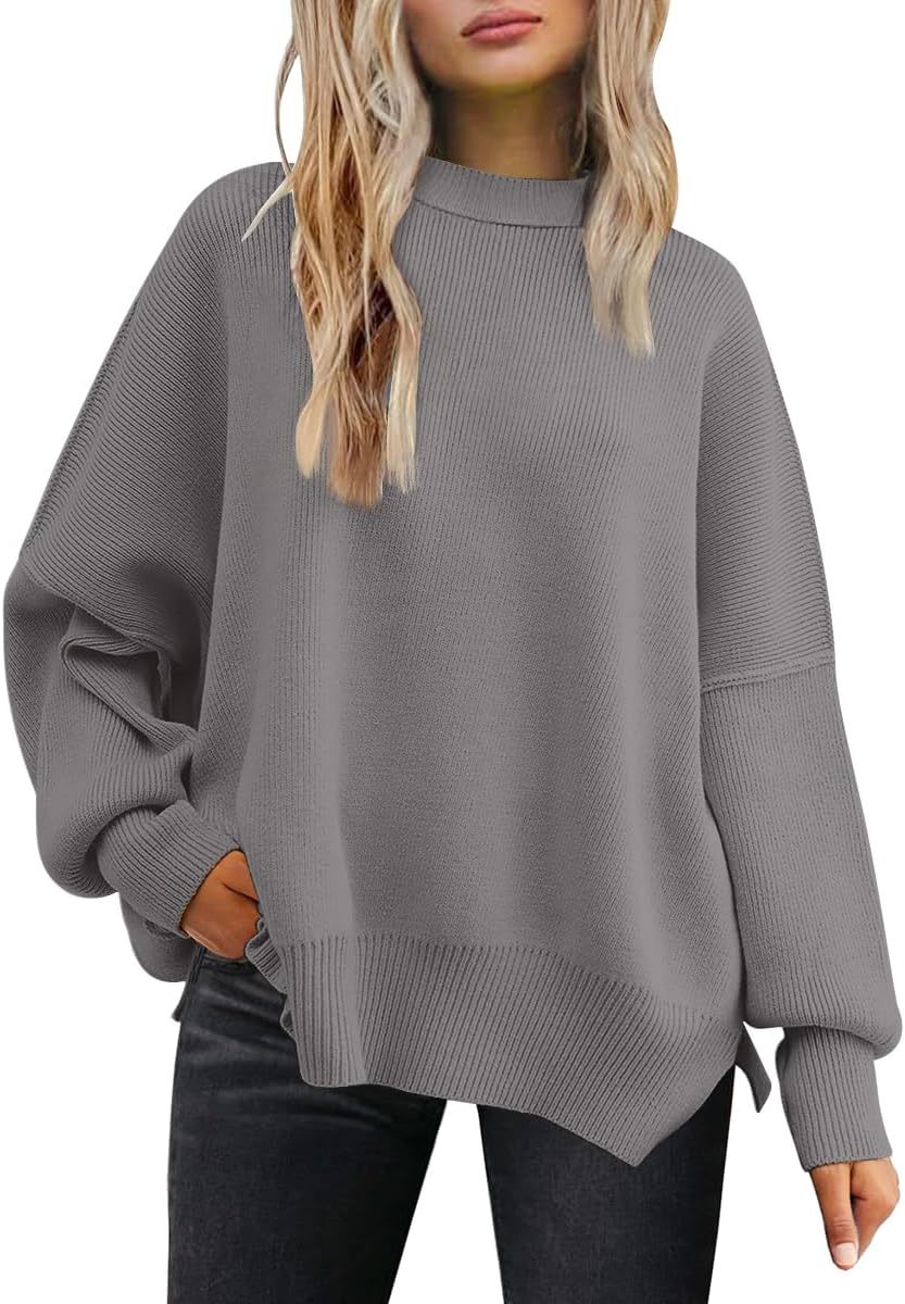 Women's Oversized Batwing Sweaters  Trendy Crewneck Knit Side Slit Fashion Pullover Tops
