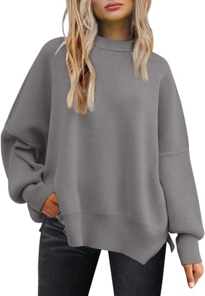 Women's Oversized Batwing Sweaters  Trendy Crewneck Knit Side Slit Fashion Pullover Tops