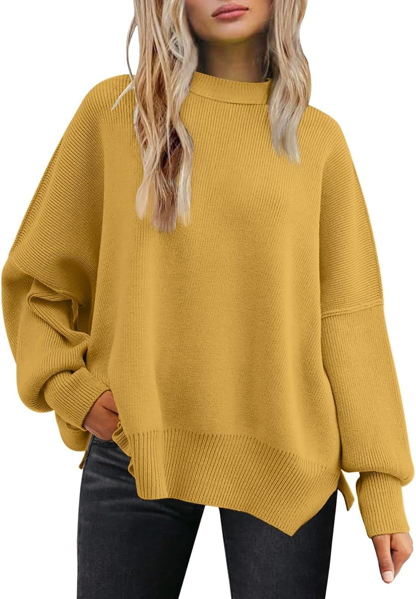 Women's Oversized Batwing Sweaters  Trendy Crewneck Knit Side Slit Fashion Pullover Tops