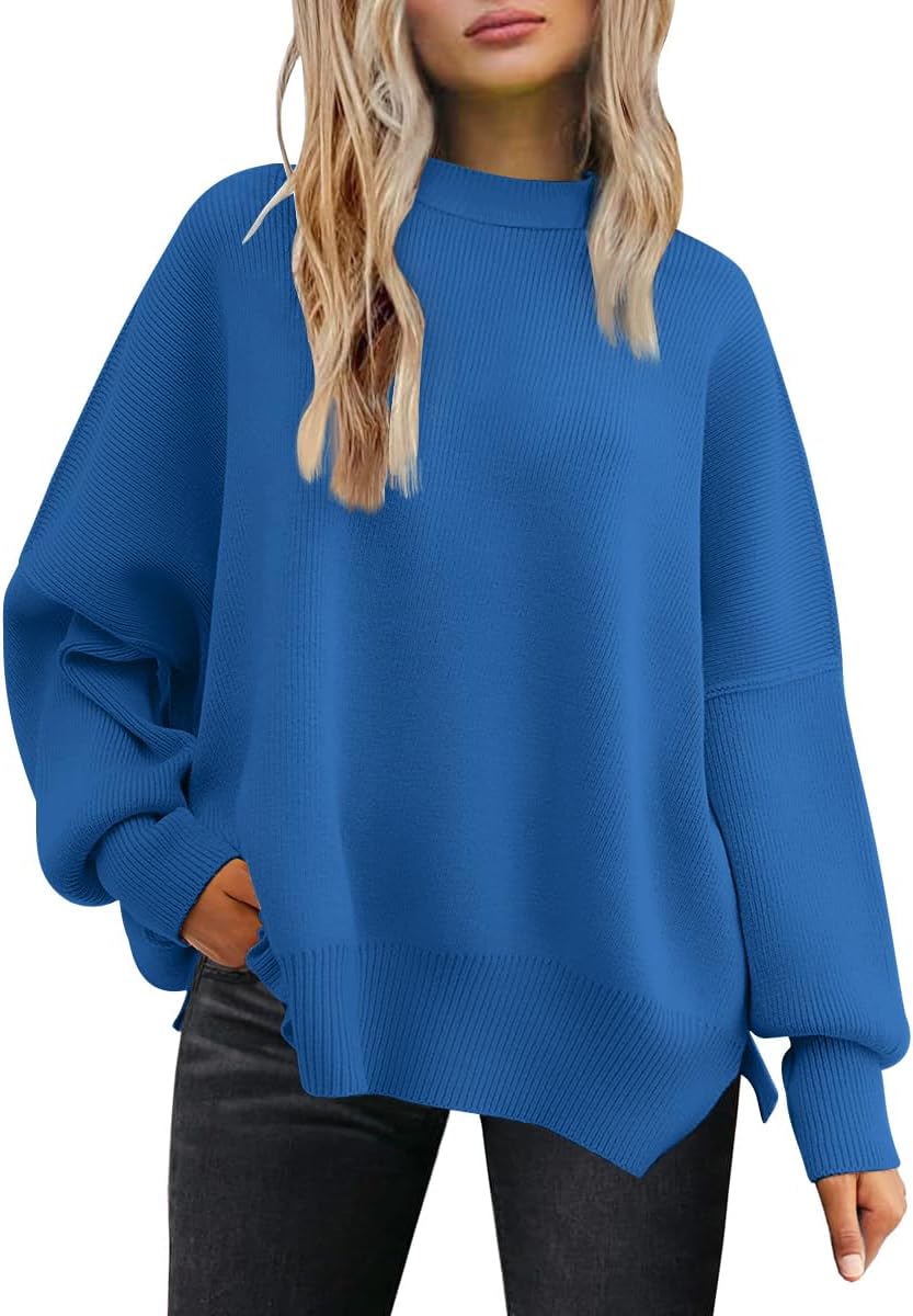 Women's Oversized Batwing Sweaters  Trendy Crewneck Knit Side Slit Fashion Pullover Tops
