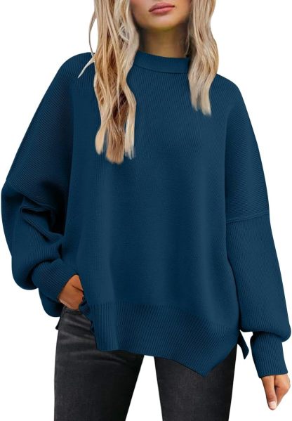 Women's Oversized Batwing Sweaters  Trendy Crewneck Knit Side Slit Fashion Pullover Tops